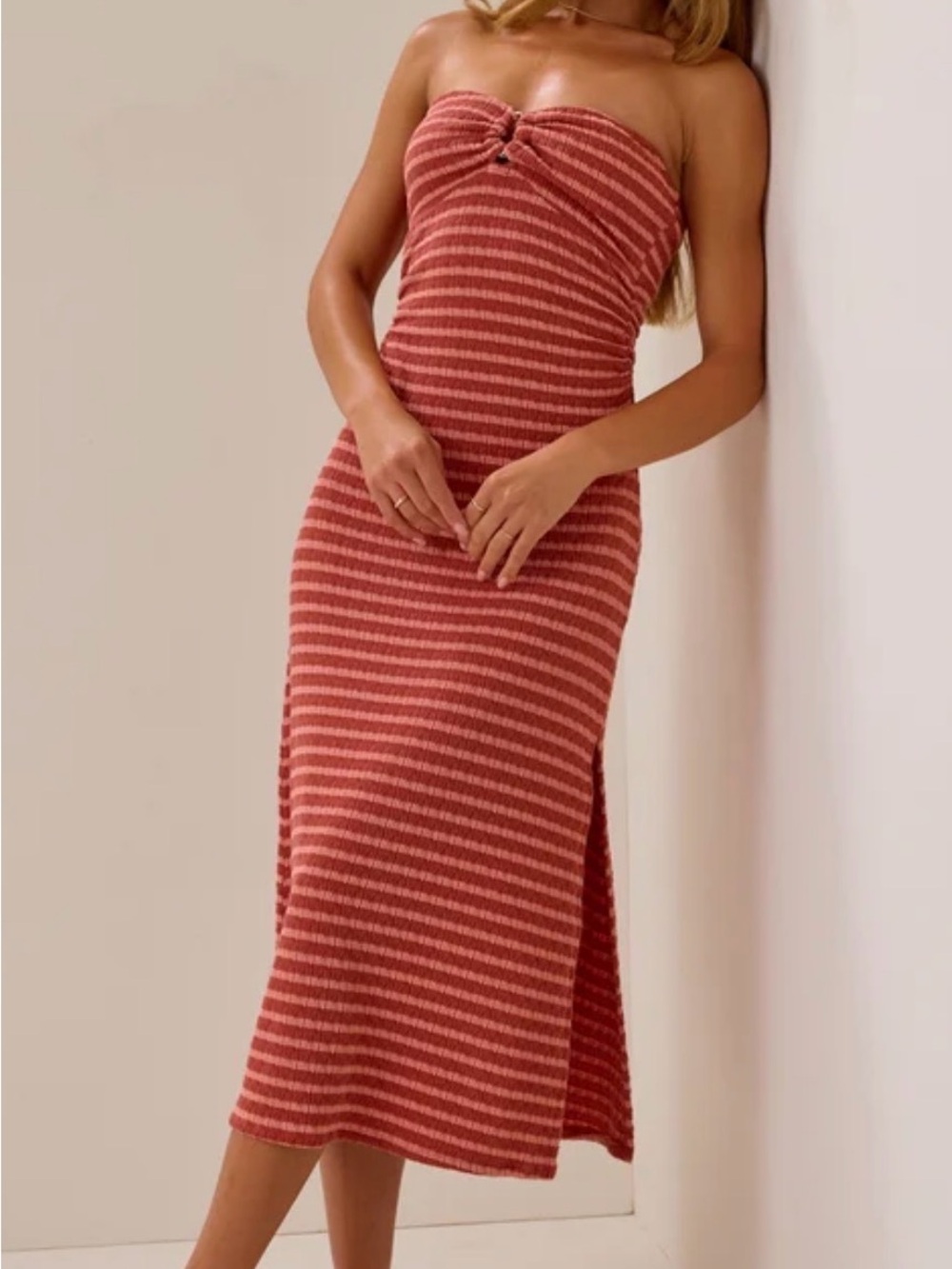 Altar'd State Rust and Light Pink Striped Strapless Midi Dress